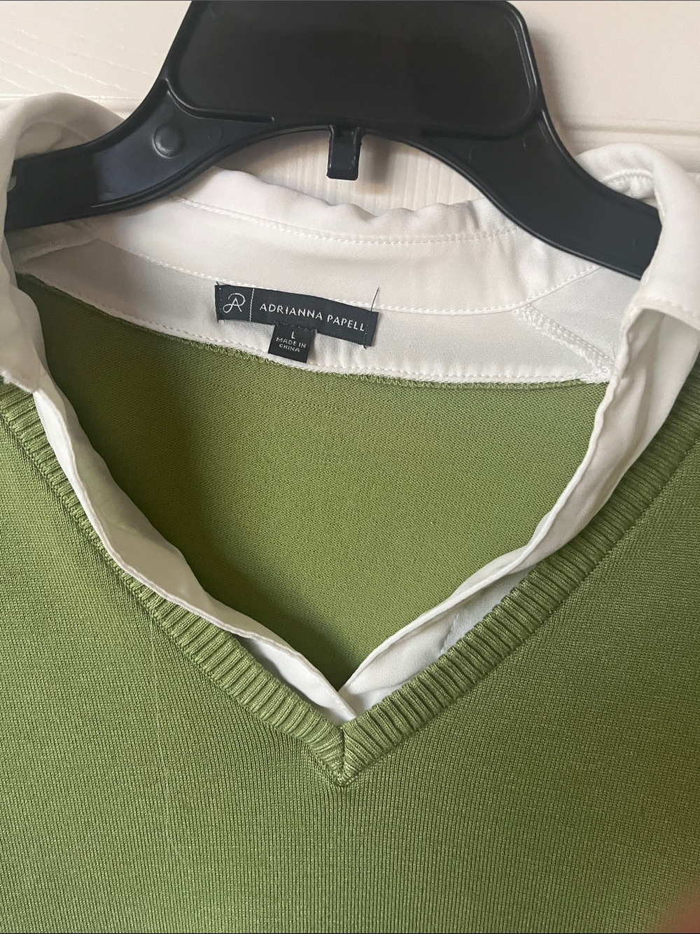 Adrianna Papell Olive V-Neck Sweater with White Shirt Layer - Picture 2 of 6